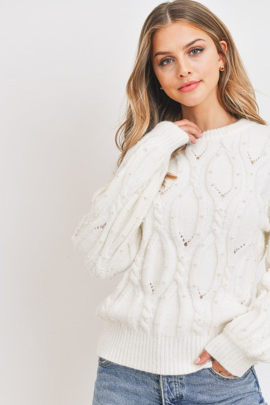 PEARL EMBILLISHED CABLE KNIT SWEATER