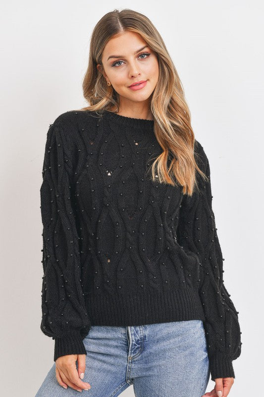 PEARL EMBILLISHED CABLE KNIT SWEATER