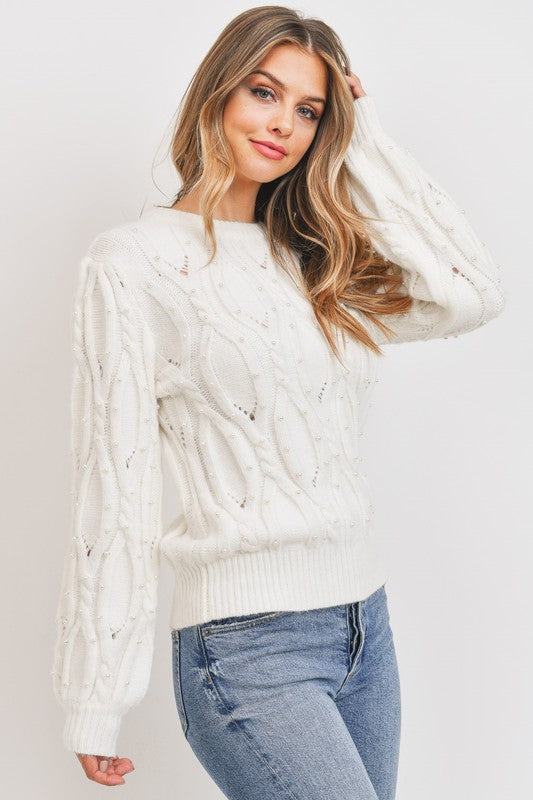 PEARL EMBILLISHED CABLE KNIT SWEATER