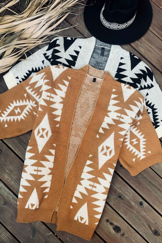 OPEN FRONT AZTEC PRINT CARDIGAN - RESTOCKED IN BOTH COLORS