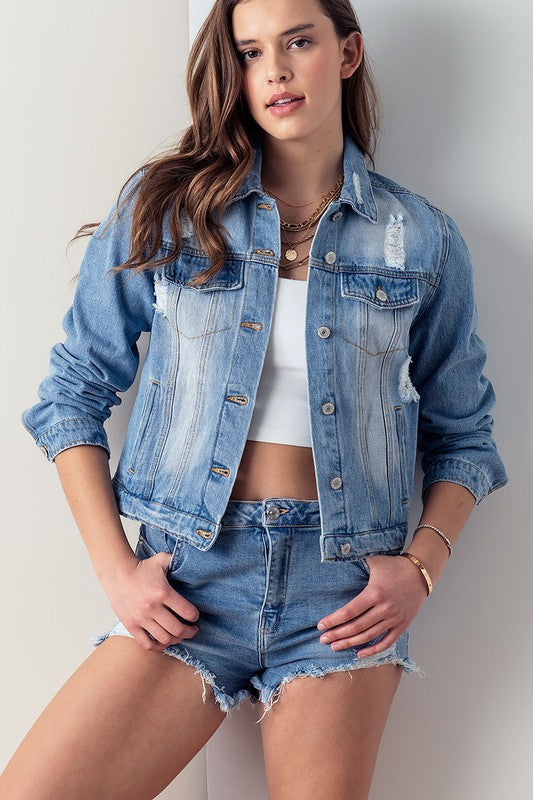 DISTRESSED DENIM JEAN JACKET