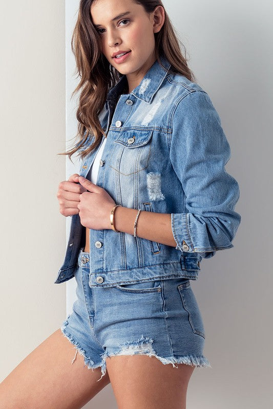 DISTRESSED DENIM JEAN JACKET