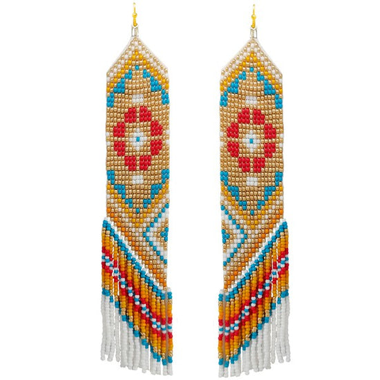 MULTICOLOR SEED BEAD TASSEL LONG DROP DANGLE EARRINGS - WHITE