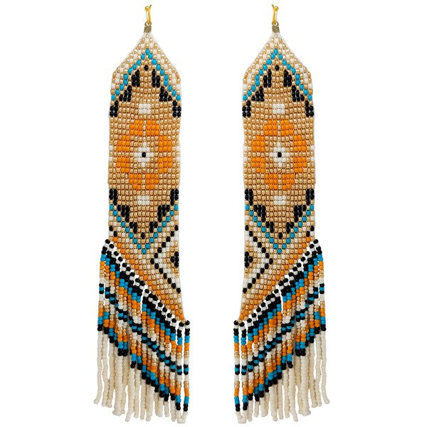 MULTICOLOR SEED BEAD TASSEL LONG DROP DANGLE EARRINGS - BLUE