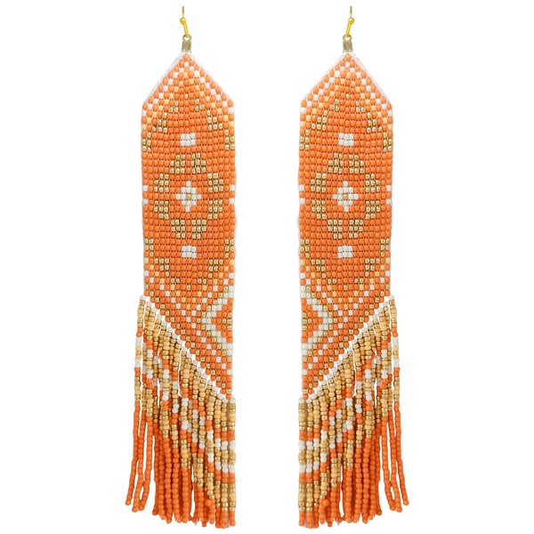 MULTICOLOR SEED BEAD TASSEL LONG DROP DANGLE EARRINGS - ORANGE