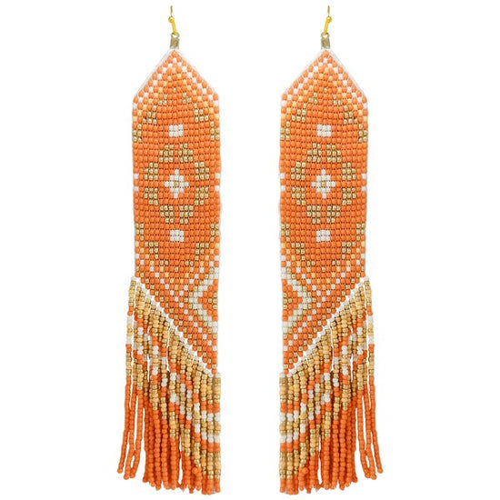 MULTICOLOR SEED BEAD TASSEL LONG DROP DANGLE EARRINGS - ORANGE