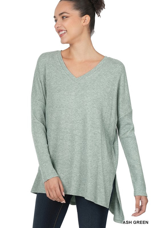 ASH GREEN HEATHER RIBBED SWEATER