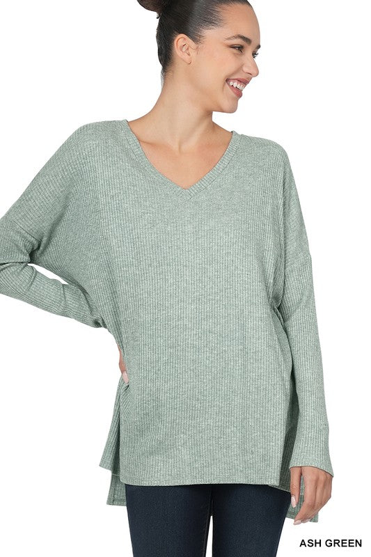 ASH GREEN HEATHER RIBBED SWEATER