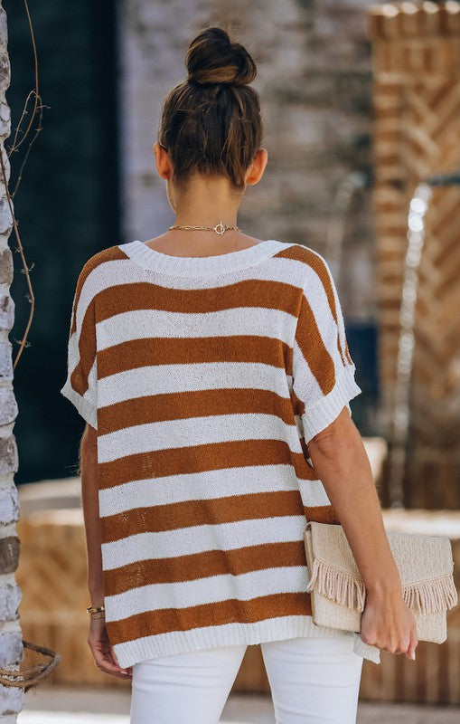 STRIPED SWEATER TOP - RUST