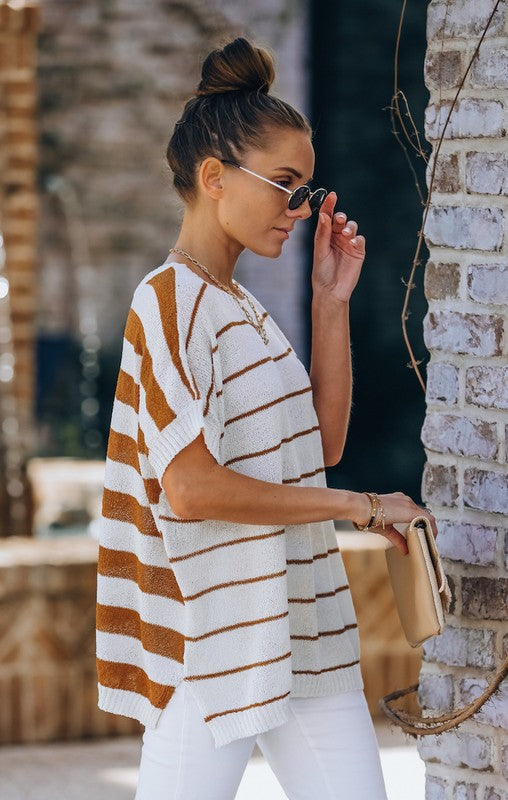 STRIPED SWEATER TOP - RUST