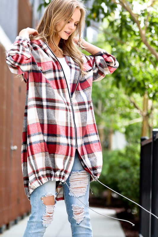 PLAID DRAWSTRING HOOD JACKET IN 2 COLORS