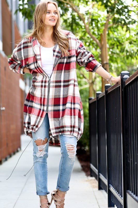 PLAID DRAWSTRING HOOD JACKET IN 2 COLORS