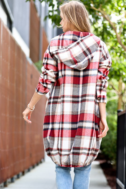 PLAID DRAWSTRING HOOD JACKET IN 2 COLORS