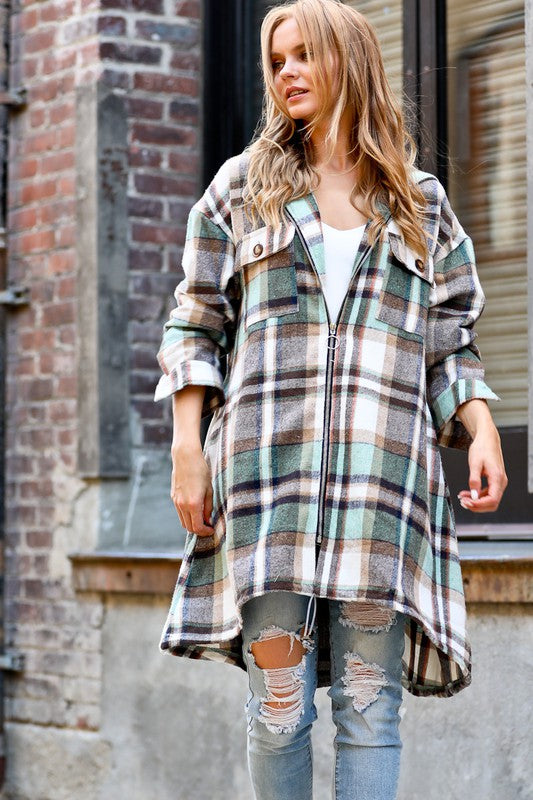 PLAID DRAWSTRING HOOD JACKET IN 2 COLORS