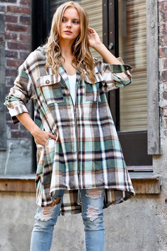 PLAID DRAWSTRING HOOD JACKET IN 2 COLORS