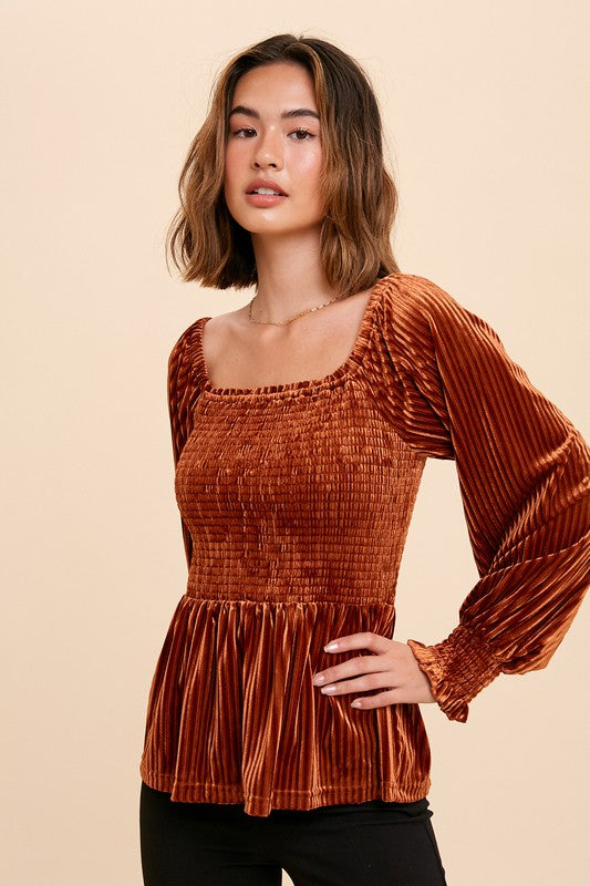 RIBBED VELVET SQUARE NECK TOP