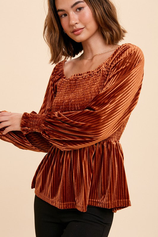 RIBBED VELVET SQUARE NECK TOP