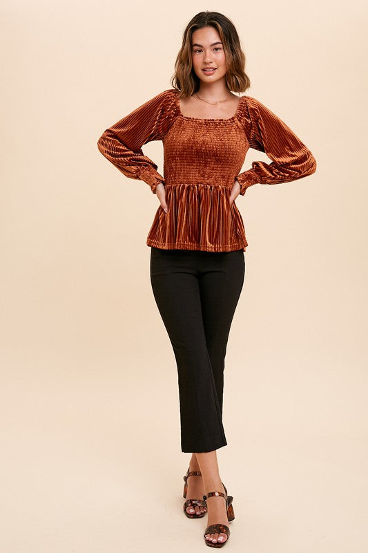 RIBBED VELVET SQUARE NECK TOP