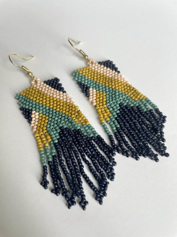 ANGLED STRIPE SEED BEAD FRINGE BOHO EARRINGS