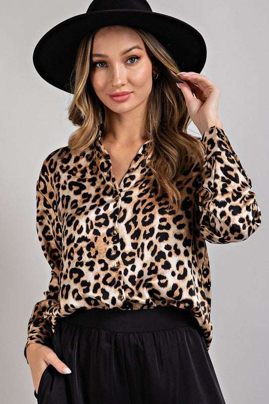 LEOPARD BUTTON FRONT BLOUSE