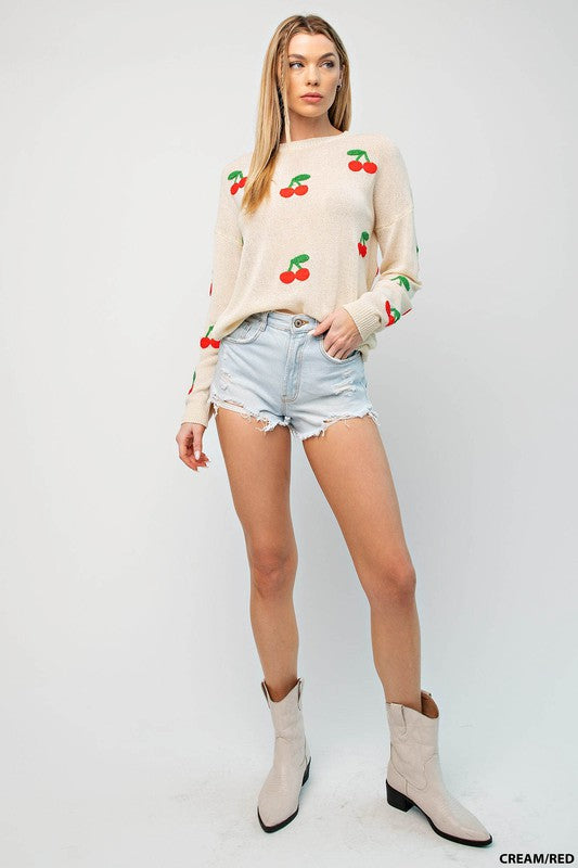 CHERRY PRINT TEXTURED PULLOVER SWEATER