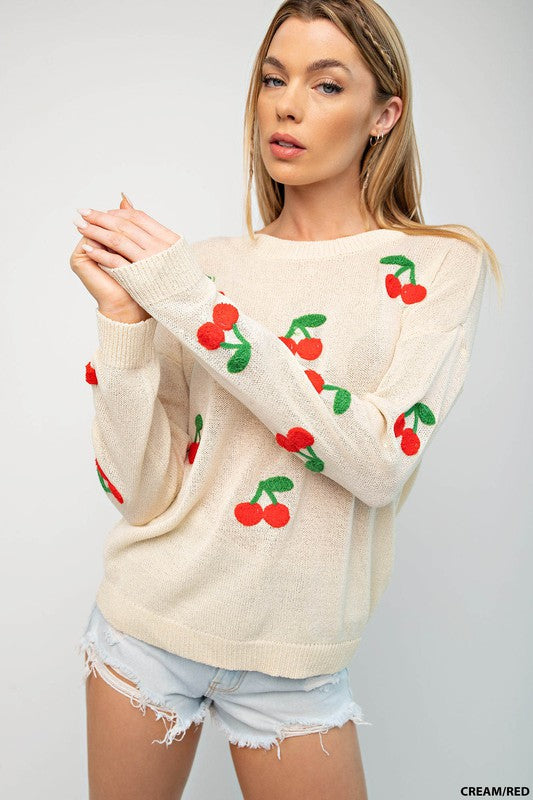 CHERRY PRINT TEXTURED PULLOVER SWEATER