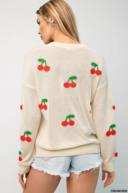 CHERRY PRINT TEXTURED PULLOVER SWEATER