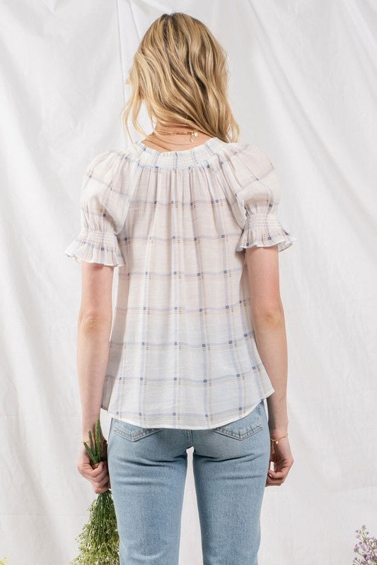 SMOCKED NECK GRID TOP