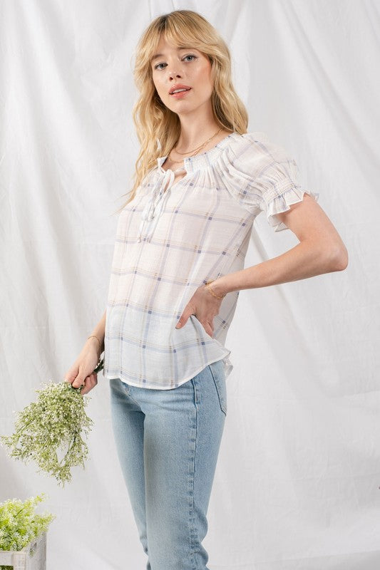 SMOCKED NECK GRID TOP