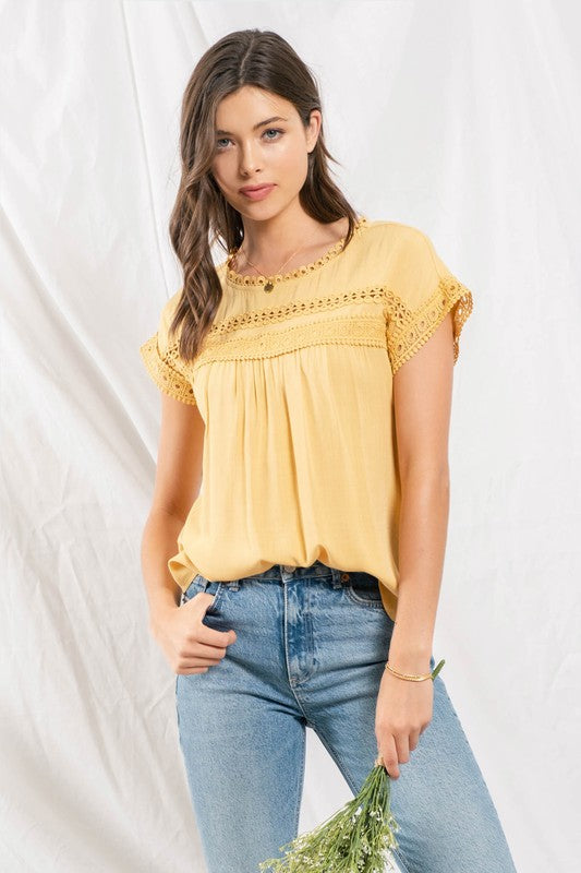 LACE TRIM WOVEN TOP - DUSTY YELLOW