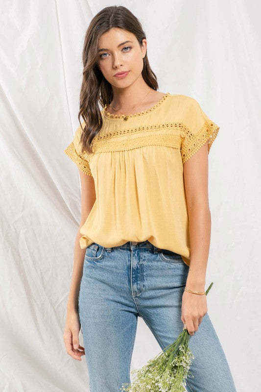 LACE TRIM WOVEN TOP - DUSTY YELLOW