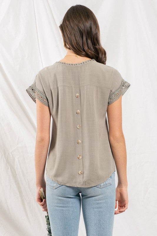 LACE TRIM WOVEN TOP - DUSTY SAGE  S-3X