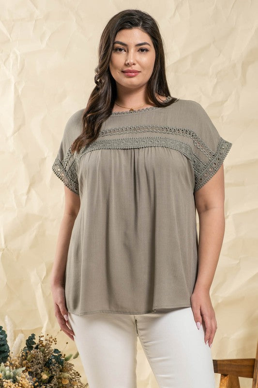 LACE TRIM WOVEN TOP - DUSTY SAGE  S-3X