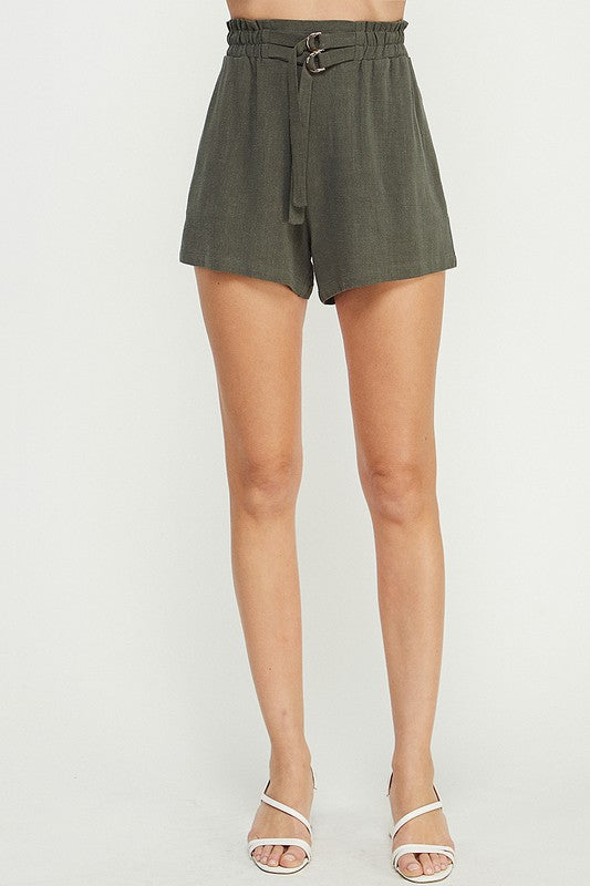 LINEN DOUBLE BUCKLE SHORTS - OLIVE