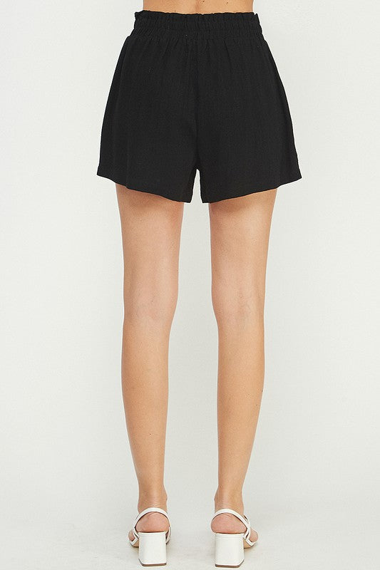 LINEN DOUBLE BUCKLE SHORTS - BLACK