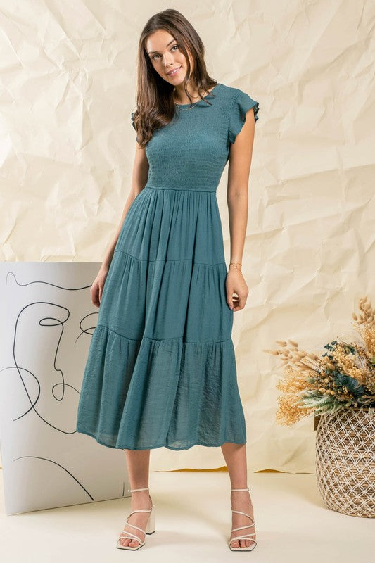 SMOCKED TIERED MIDI DRESS -  S - 3X