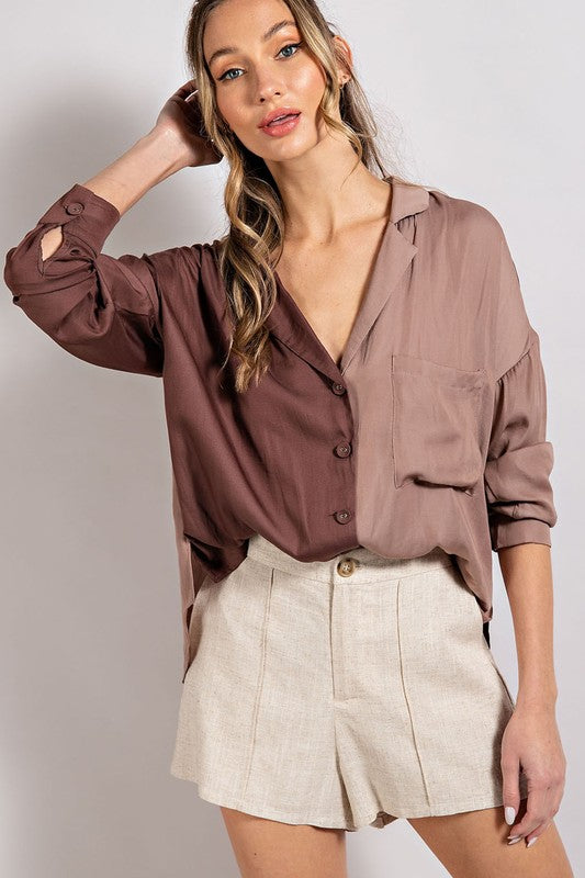 COLOR BLOCK COLLARED BLOUSE TOP - BROWN & TAN