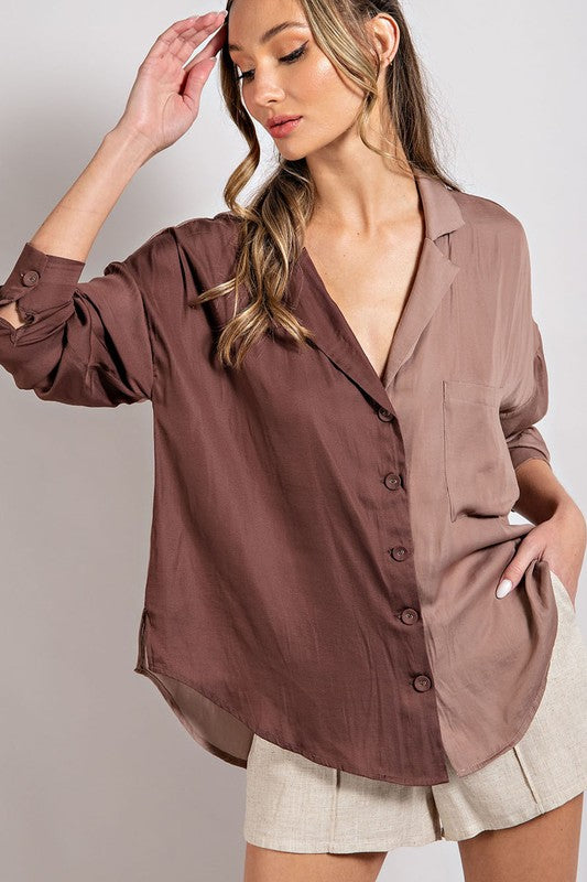 COLOR BLOCK COLLARED BLOUSE TOP - BROWN & TAN
