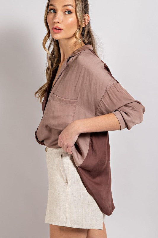 COLOR BLOCK COLLARED BLOUSE TOP - BROWN & TAN