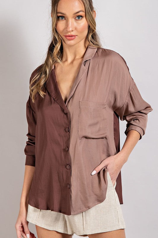 COLOR BLOCK COLLARED BLOUSE TOP - BROWN & TAN