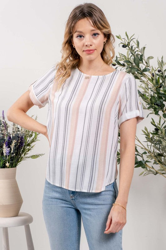 BACK BUTTON STRIPED WOVEN TOP - PEACH