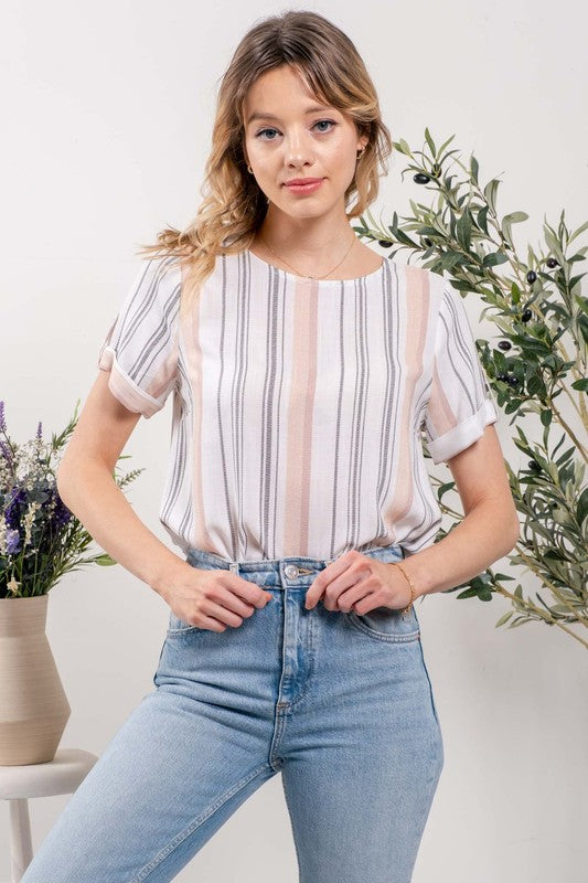 BACK BUTTON STRIPED WOVEN TOP - PEACH