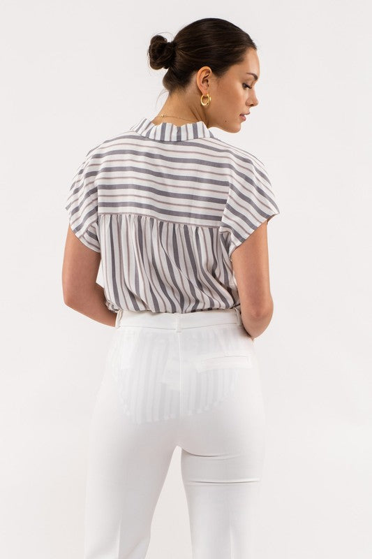 STRIPED SHORT SLEEVE BUTTON UP - S -3X