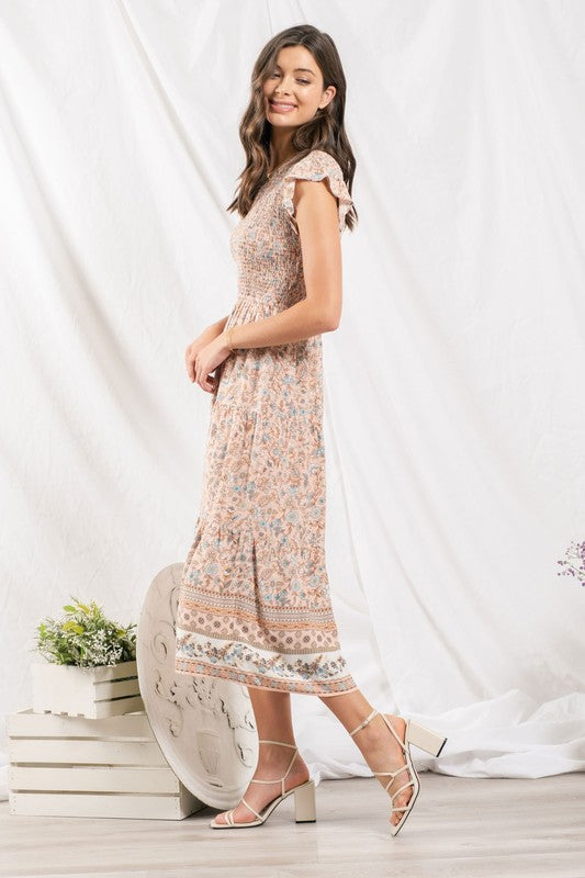 THE LYNN SMOCKED FLORAL MIDI DRESS - S - 3X