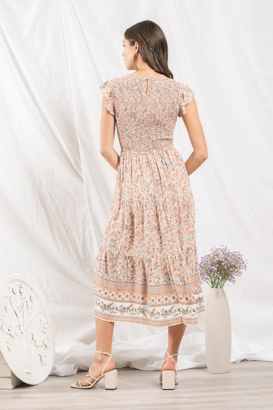 THE LYNN SMOCKED FLORAL MIDI DRESS - S - 3X