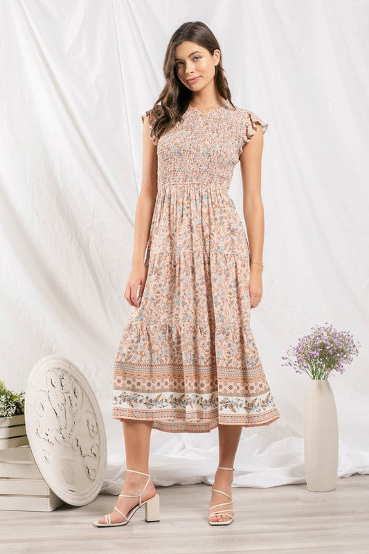 THE LYNN SMOCKED FLORAL MIDI DRESS - S - 3X