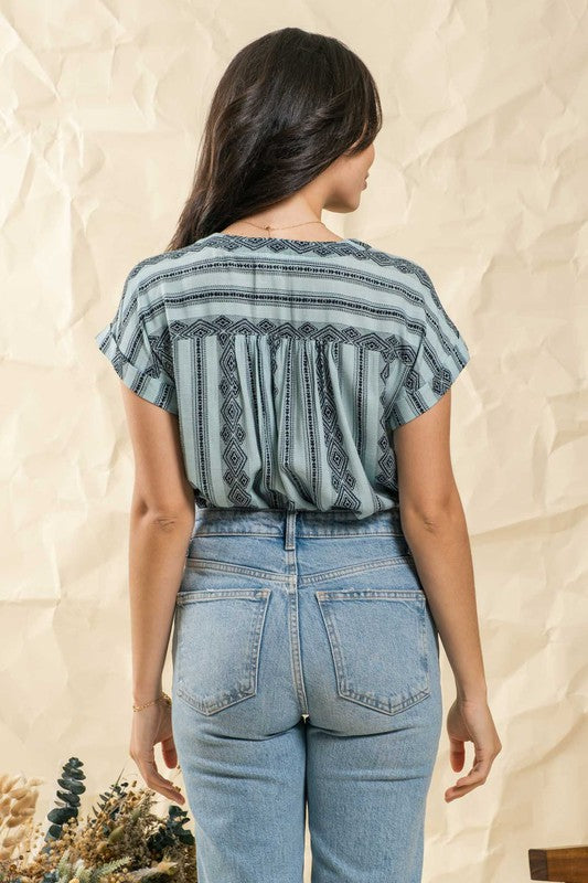 GEOMETRIC PATTERN WOVEN TOP - DUSTY SAGE