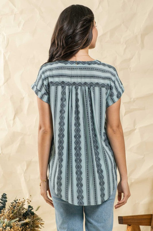 GEOMETRIC PATTERN WOVEN TOP - DUSTY SAGE