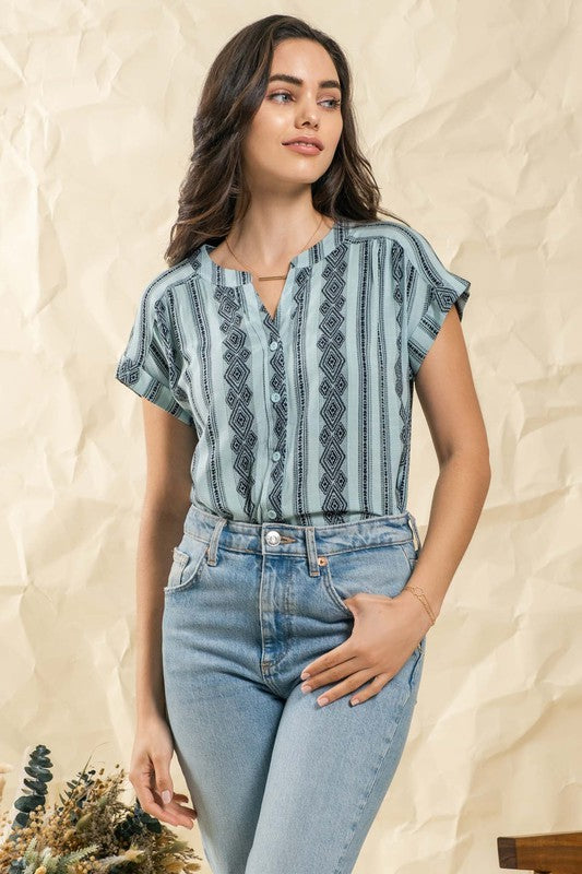 GEOMETRIC PATTERN WOVEN TOP - DUSTY SAGE