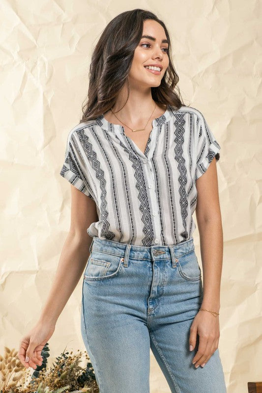 GEOMETRIC PATTERN WOVEN TOP - IVORY